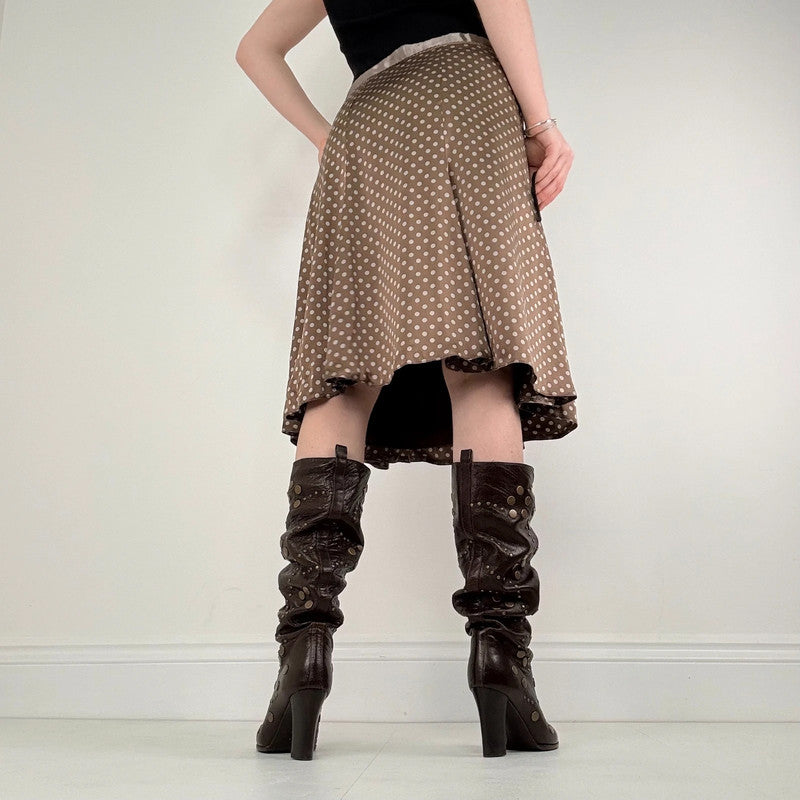brown silk polka dot midi skirt