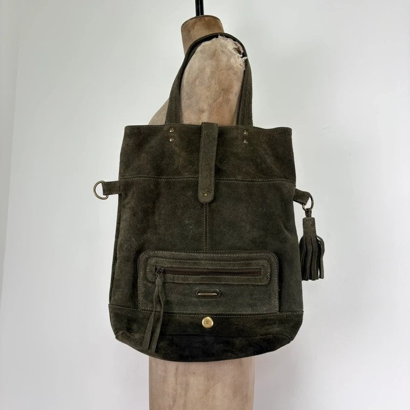 Khaki green suede leather tassel tote bag