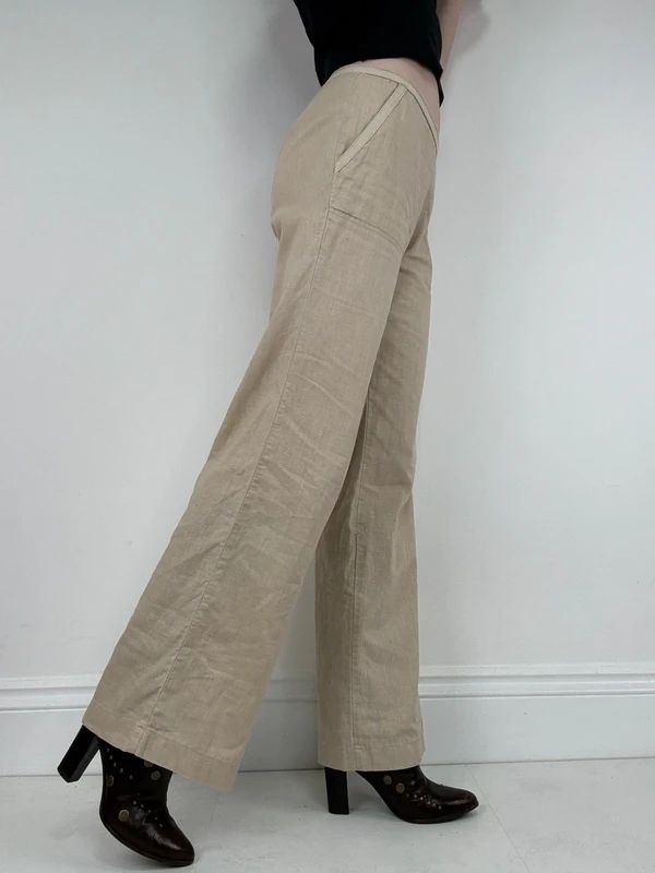 low rise tie waist linen flared trousers