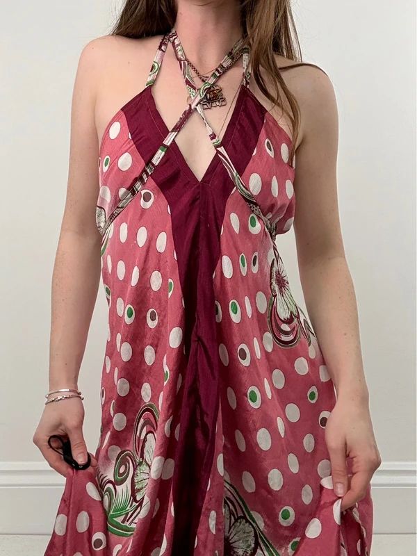 pink polkadot handkerchief maxi dress