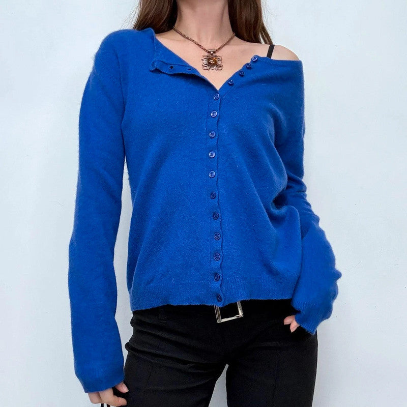 blue cashmere button up slash neck cardigan