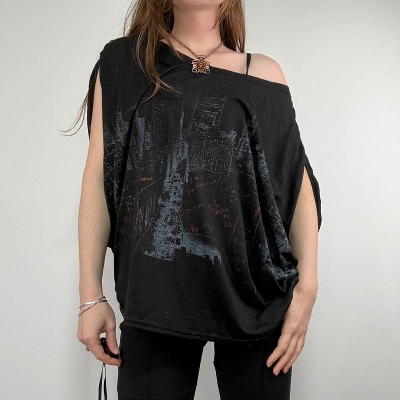 black graphic slouchy off the shoulder t-shirt