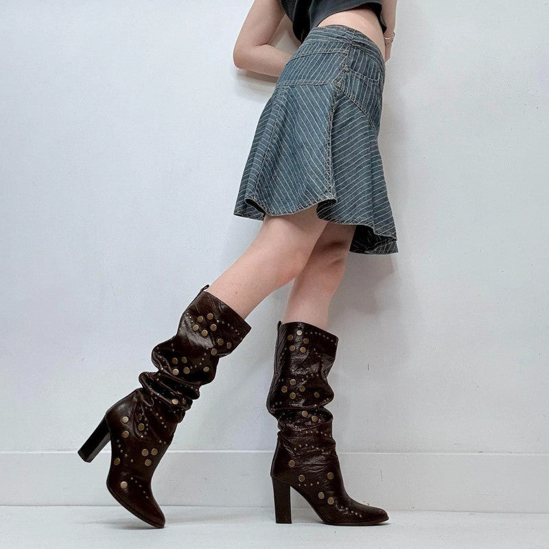 pinstripe denim midi skirt