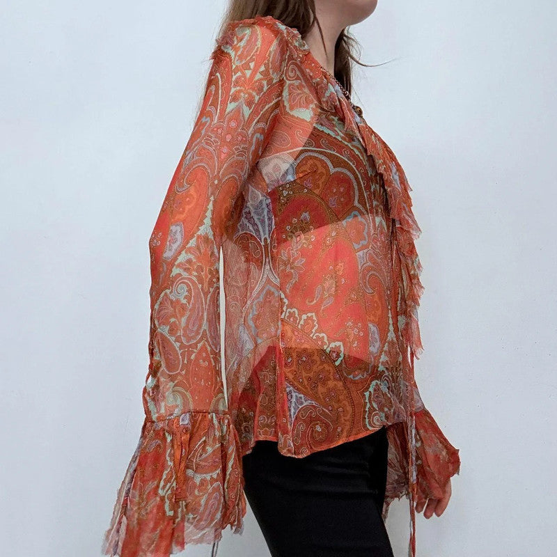 paisley sheer silk flared ruffle shirt