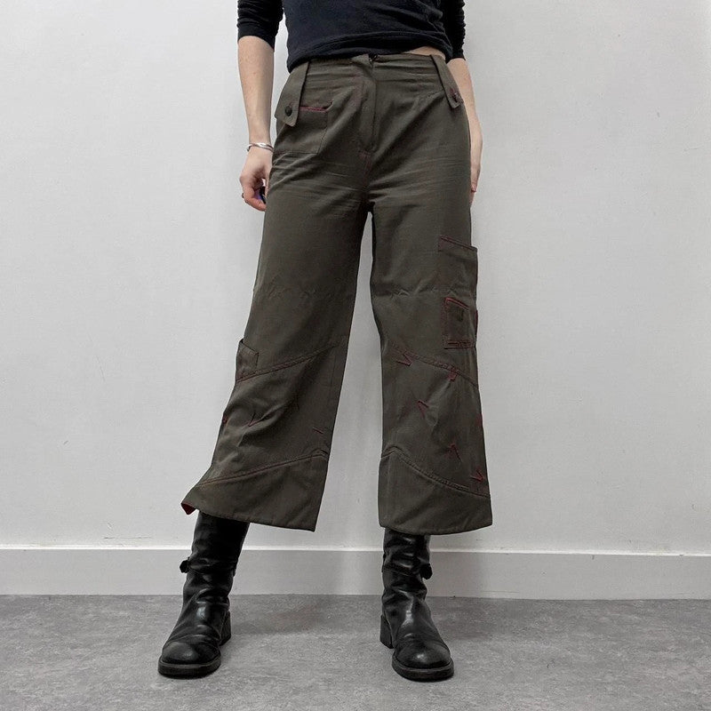 khaki cropped cargo wide-leg trousers