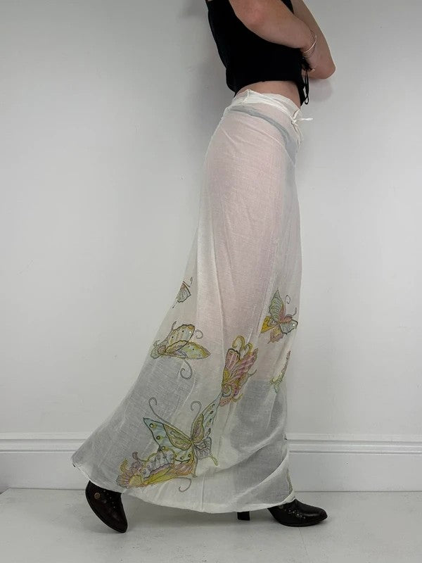 White cotton sheer butterfly summer maxi cover-up