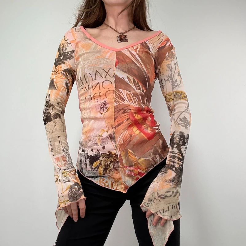 Graphic Mesh Printed Grunge Top