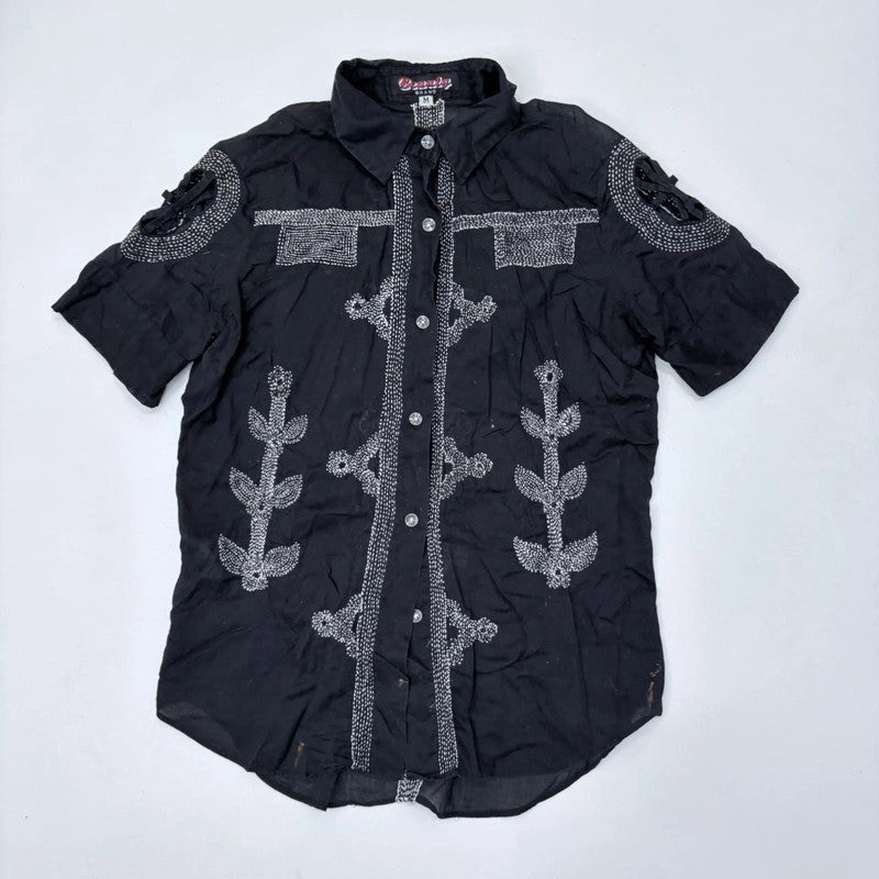 black embroidered stitched button shirt