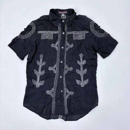 black embroidered stitched button shirt