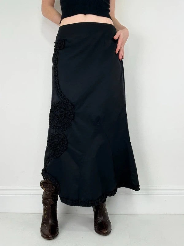 asymmetric black pleated gathered ribbon maxi skirt
