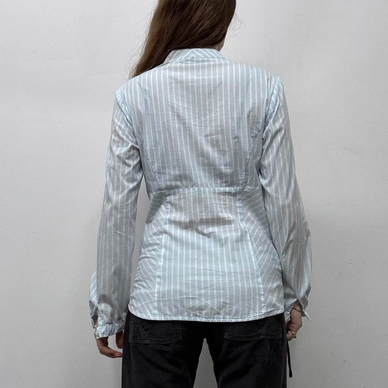 blue pinstripe flared office shirt