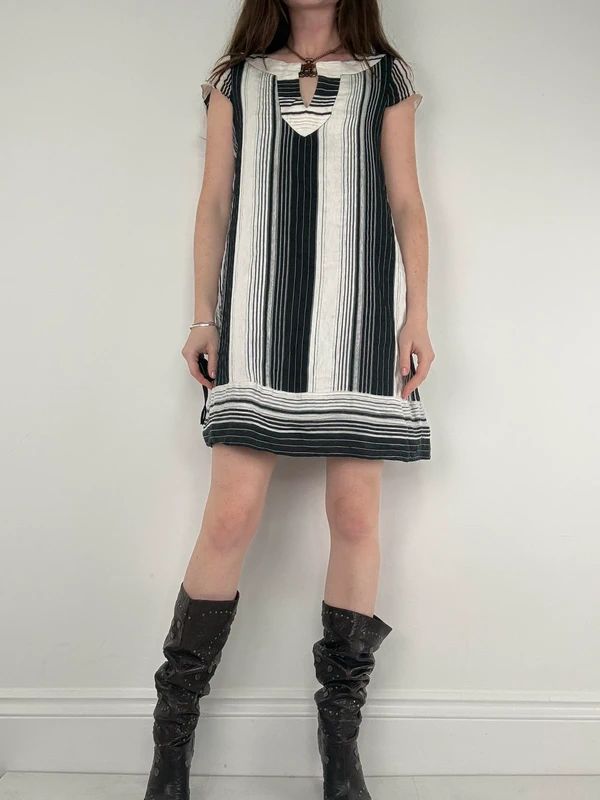 black and white linen pinstripe a-line mini dress