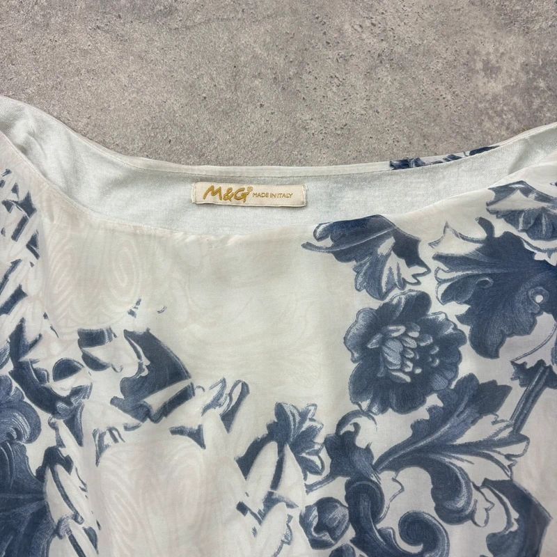white and blue silk draped regency printed batwing blouse