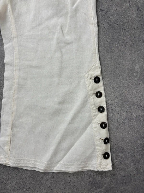 white linen flared utility button trousers