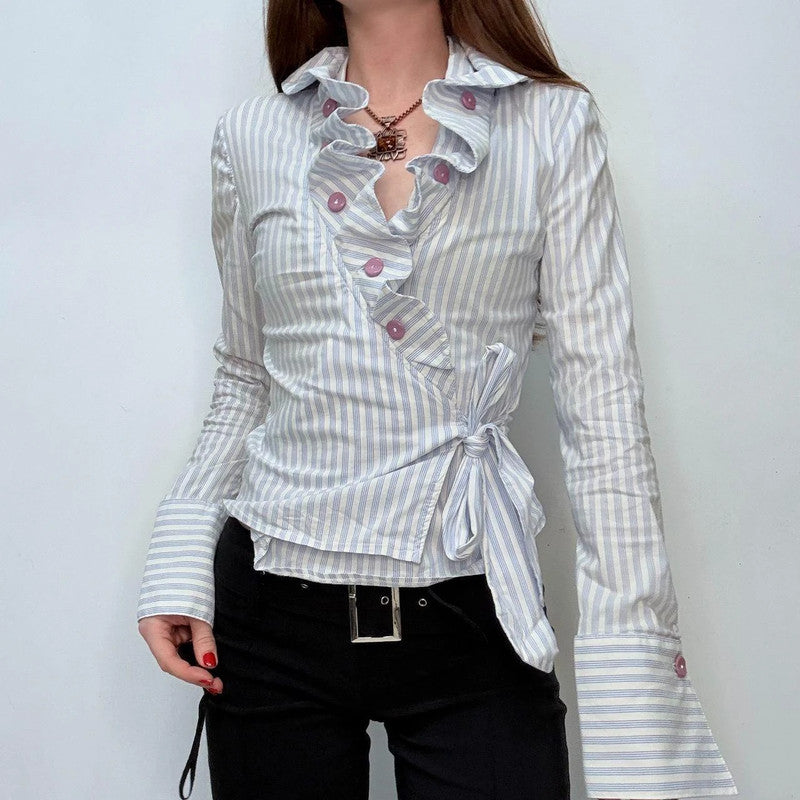 asymmetric striped ruffle shirt