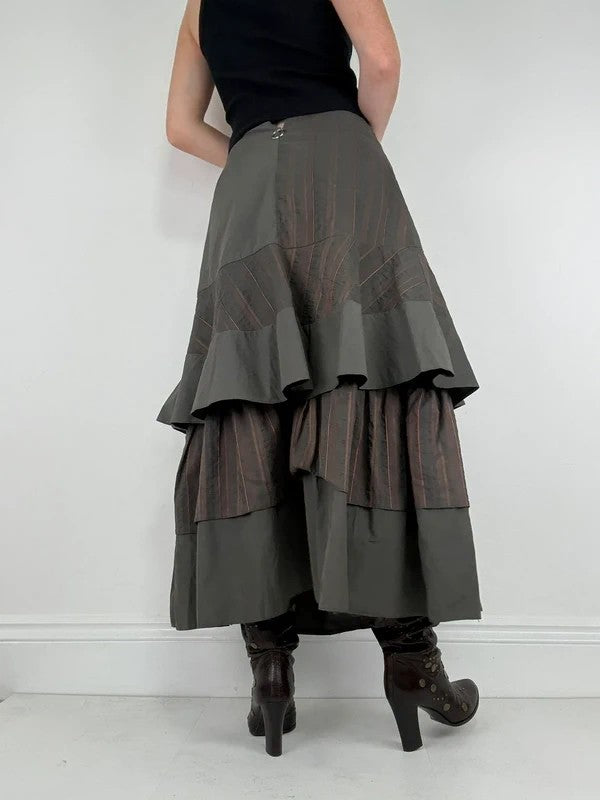 Khaki layered pinstripe maxi skirt