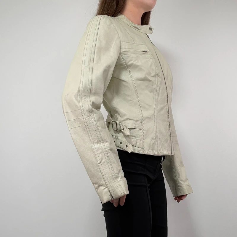Cream Cropped Leather Biker Jacket
