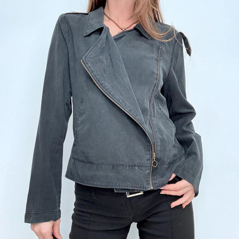 distressed black draped asymmetric jacket