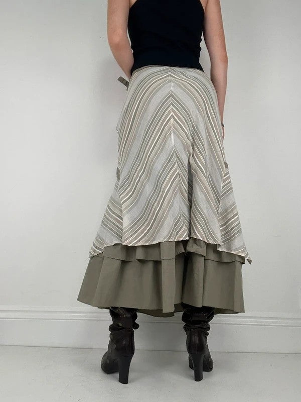 khaki layered pleated ruffle cotton maxi skirt