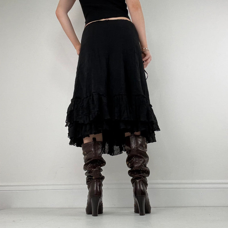 black crinkle pleated ruffle midi skirt