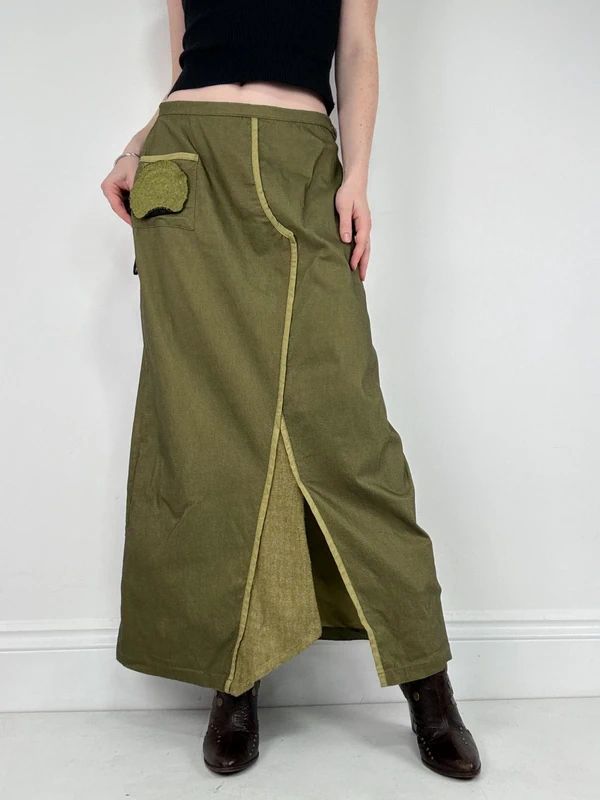 asymmetric khaki maxi skirt