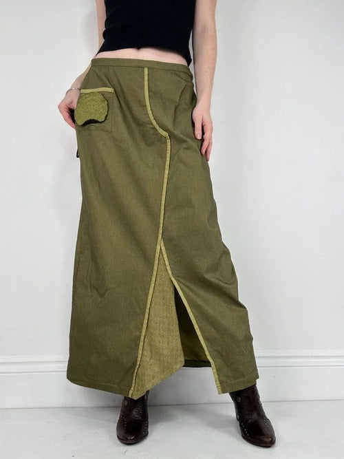 asymmetric khaki maxi skirt