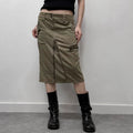 khaki cargo zipper midi skirt