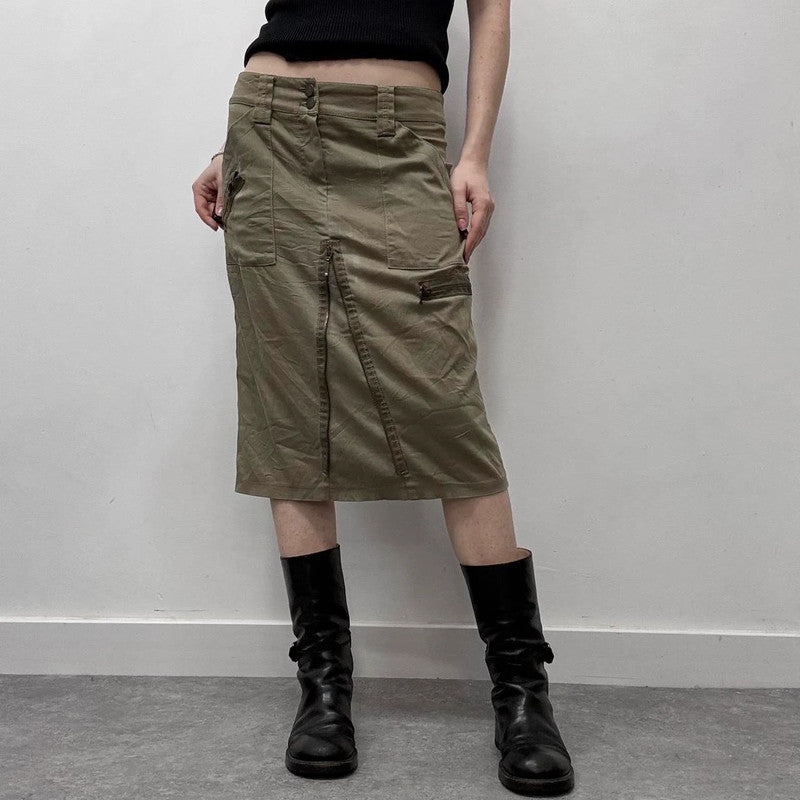 khaki cargo zipper midi skirt