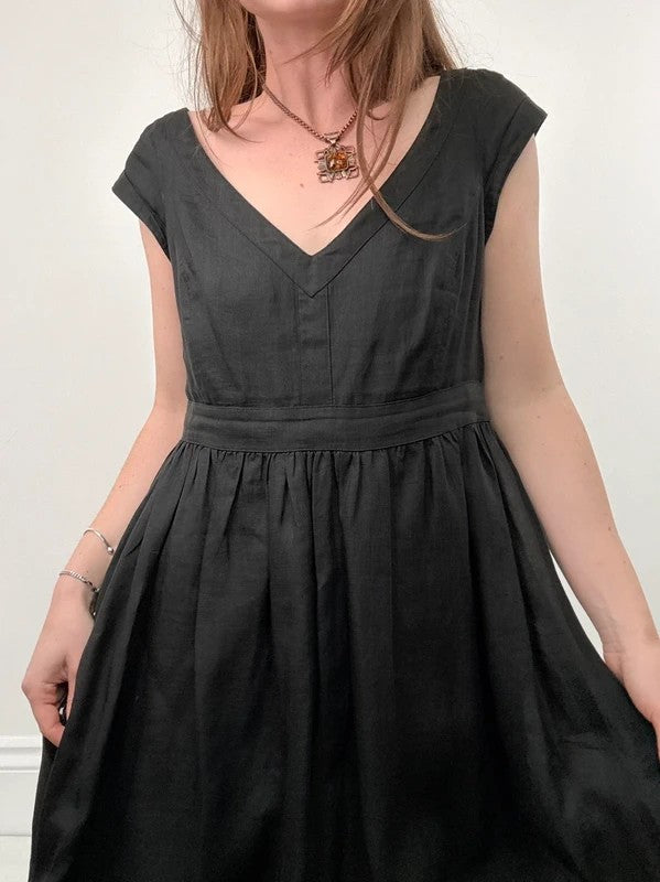 black pleated drop waist linen midi dress