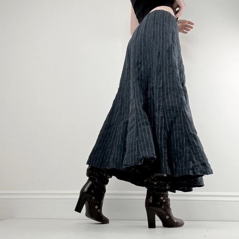 navy linen pinstripe maxi skirt