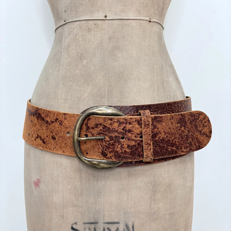 Distressed brown leather oversized thick belt