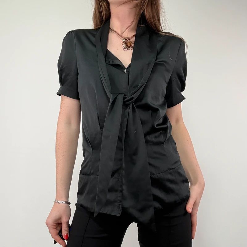 Black Satin Fitted Bow Shirt
