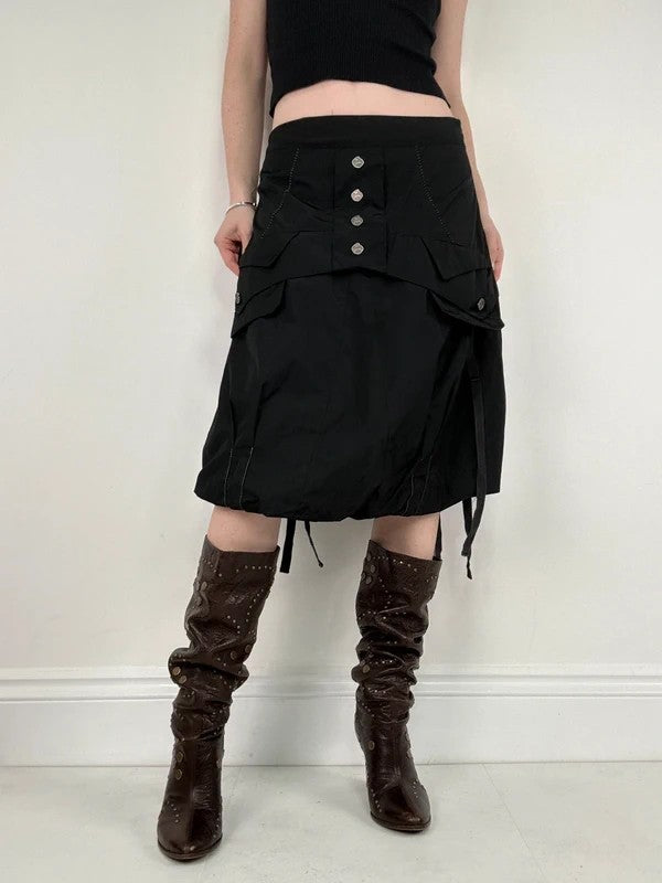 black grunge puff midi skirt