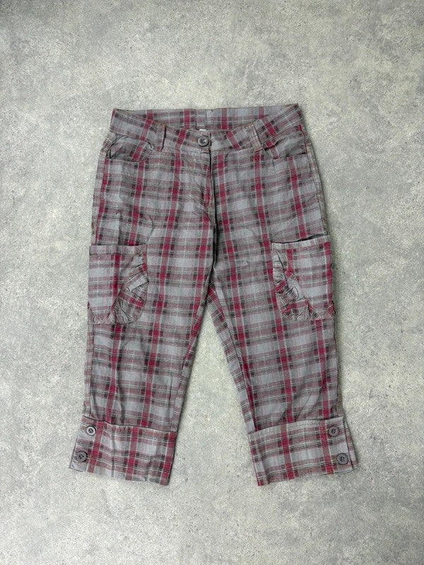 tartan checked red cargo denim capri pants