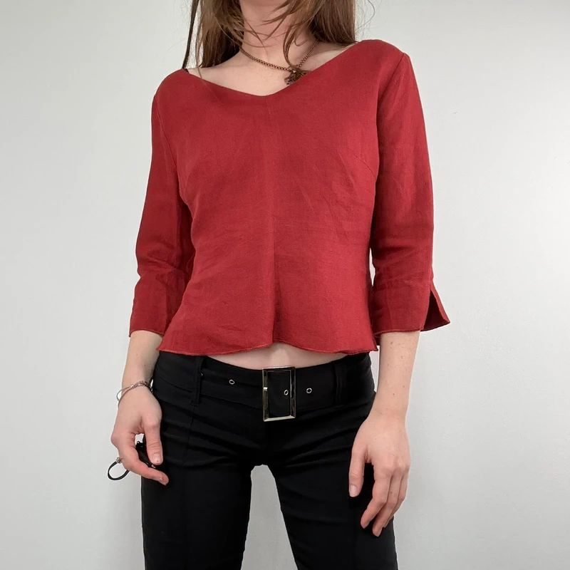 red linen flared fitted slit blouse top