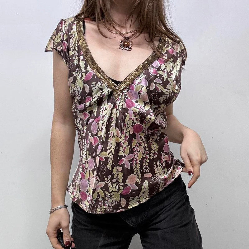 brown floral printed silk fairy top