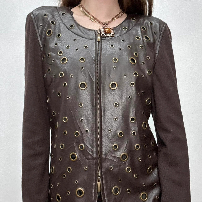 brown studded eyelet leather jacket