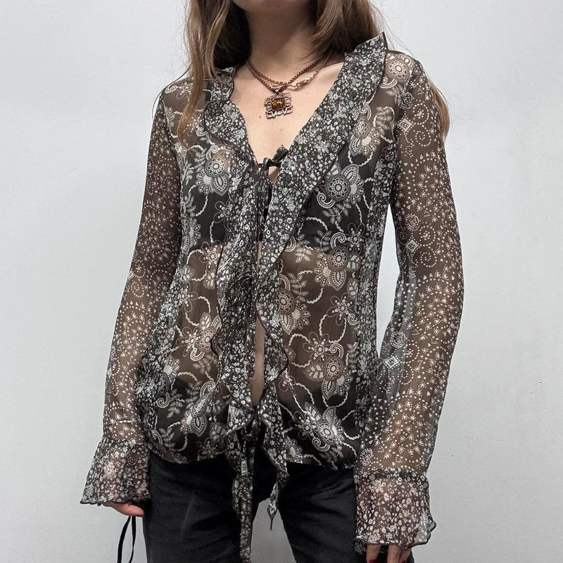 sheer paisley printed brown fairy shirt