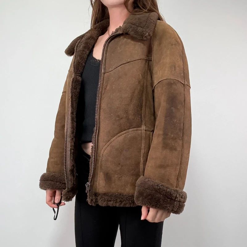 brown shearling aviator vintage jacket with zipper