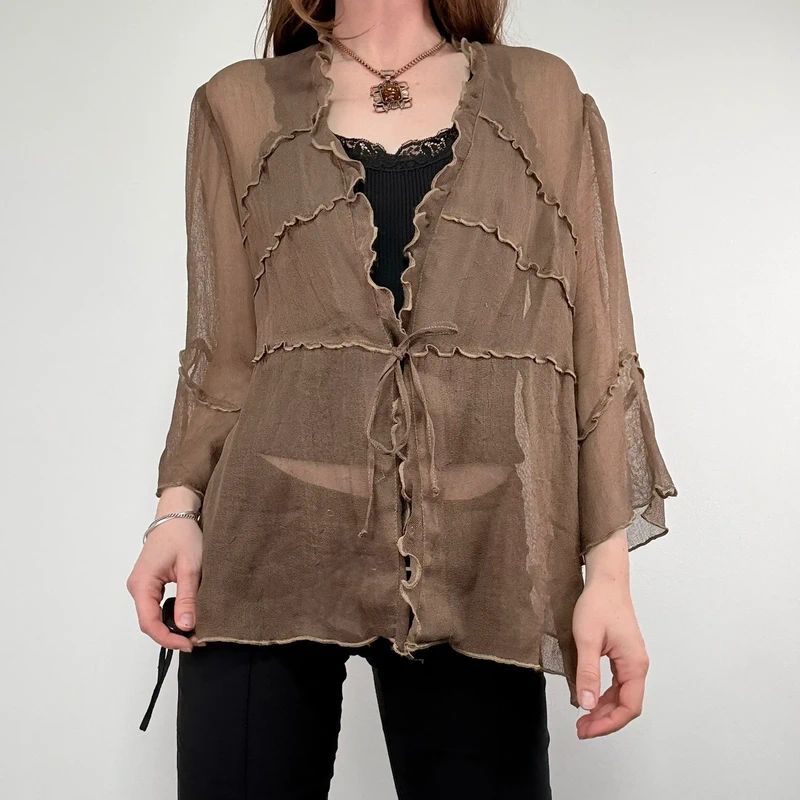 brown ruffle mesh slouchy flare shirt