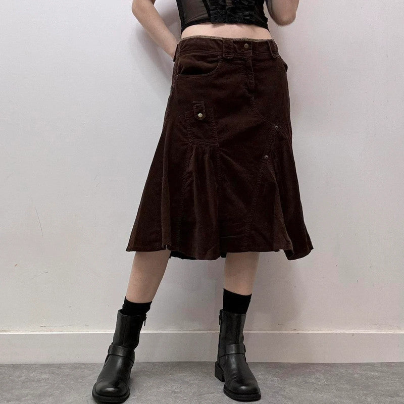 brown cord cargo midi skirt