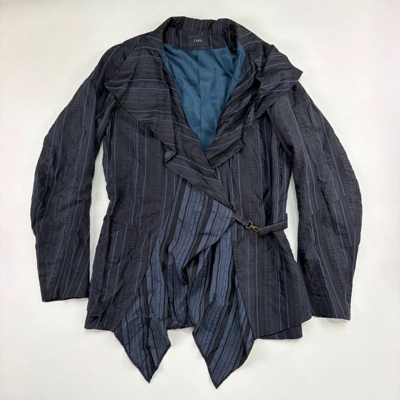 Navy Pinstripe Asymmetric Ruffle Jacket