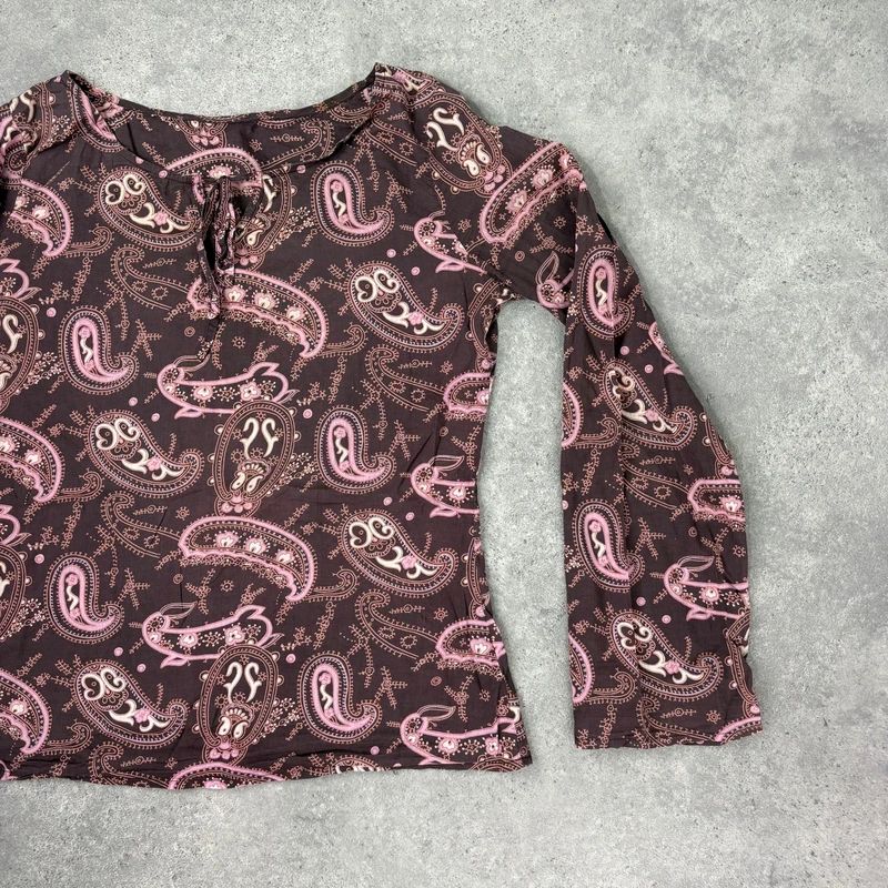 brown and pink paisley flared cotton boho shirt