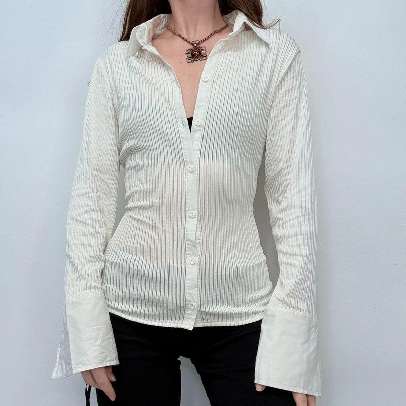 white pinstriped fitted stretch shirt