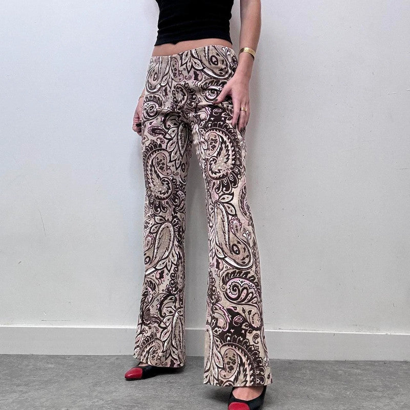 brown paisley patterned flared cord trousers