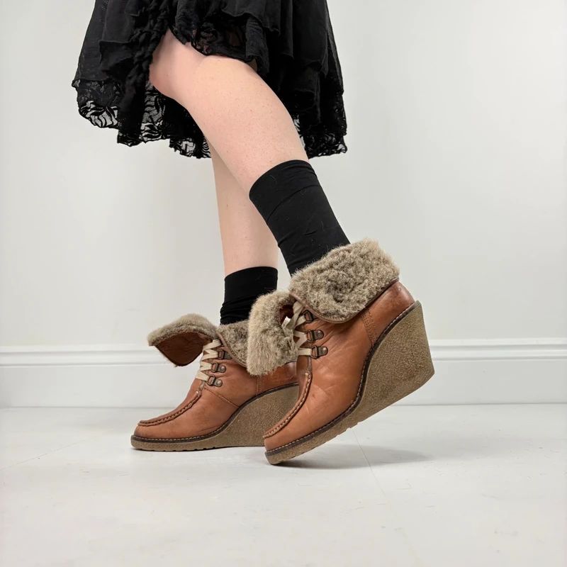 tan sheepskin leather wedge boots