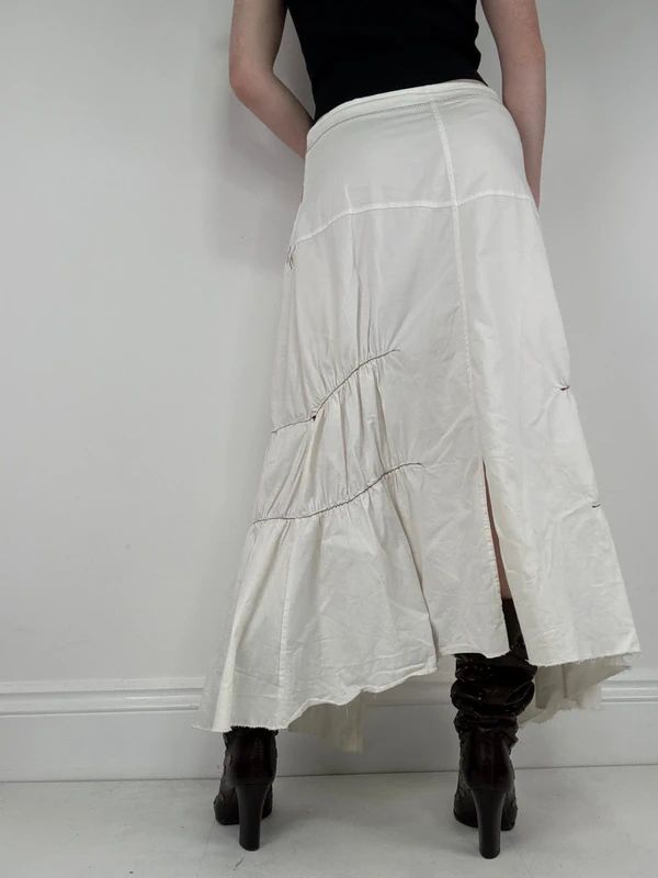 pleated white asymmetric flared maxi skirt