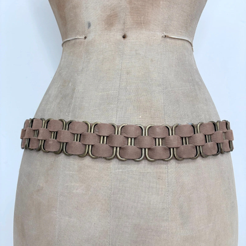 brown leather woven chain belt