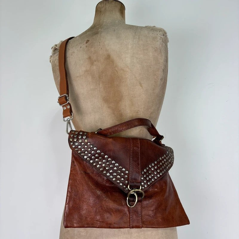 Studded distressed brown leather cargo messenger bag