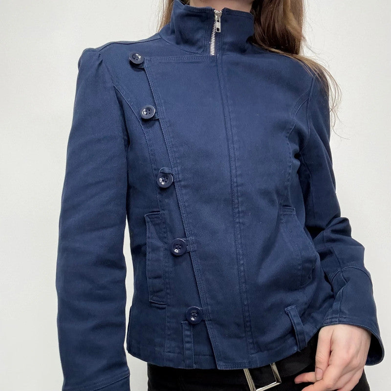 blue asymmetric button military jacket